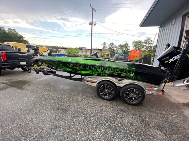 High-grade boat wrap providing sleek updated look to marine vessel exterior
