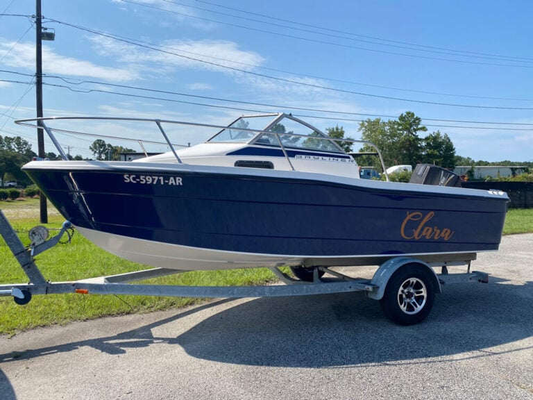Marine wrap photograph presenting polished bold styling across hull areas