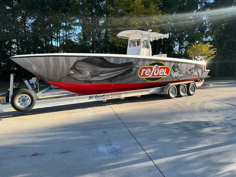 Boat vinyl wrap image showing smooth application and dynamic graphic style
