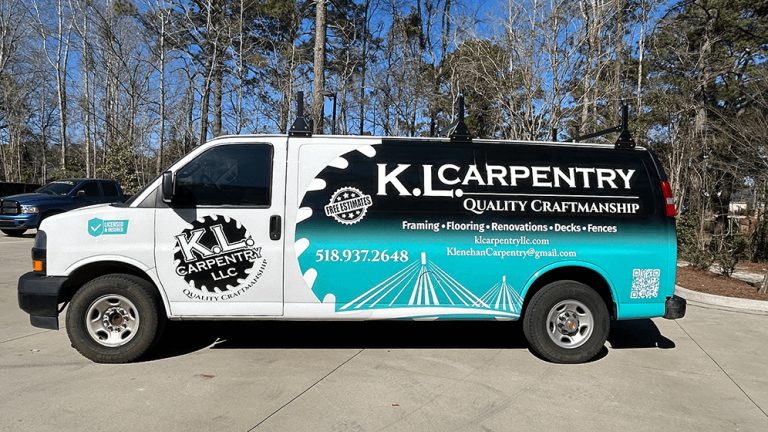 A white and teal van wrap for K.L. Carpentry lists framing, flooring, and fencing services beside a bridge graphic.