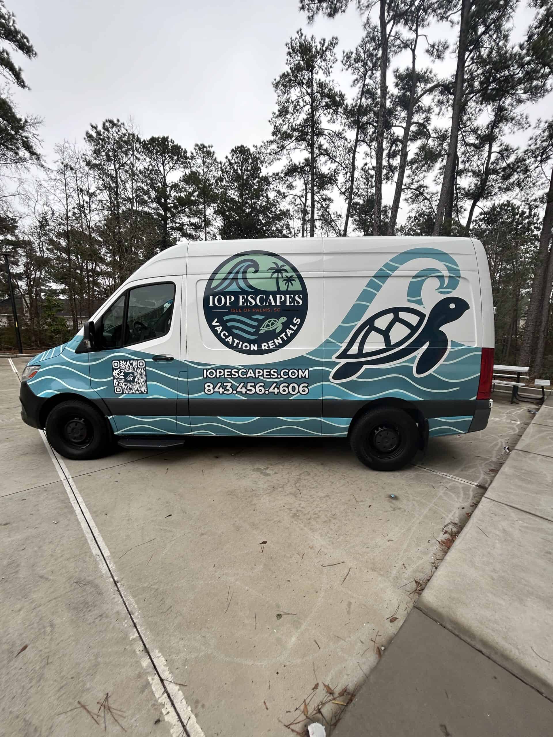 Custom vehicle wrap for IOP Escapes on a van.