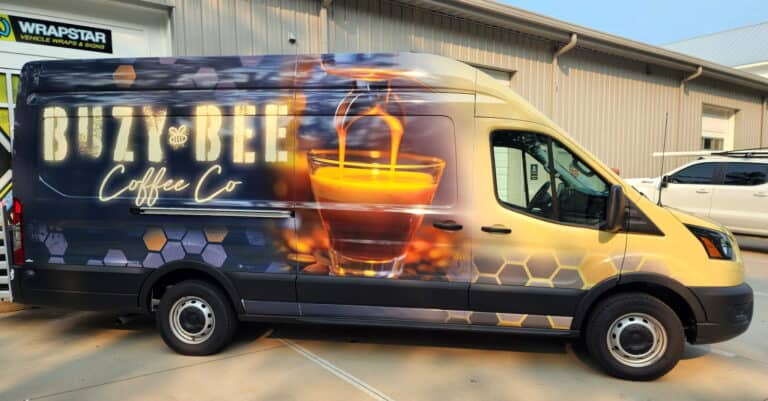 Custom wrapped delivery van for Buzz Bee Coffee Co. in Charleston, showcasing vibrant branding.