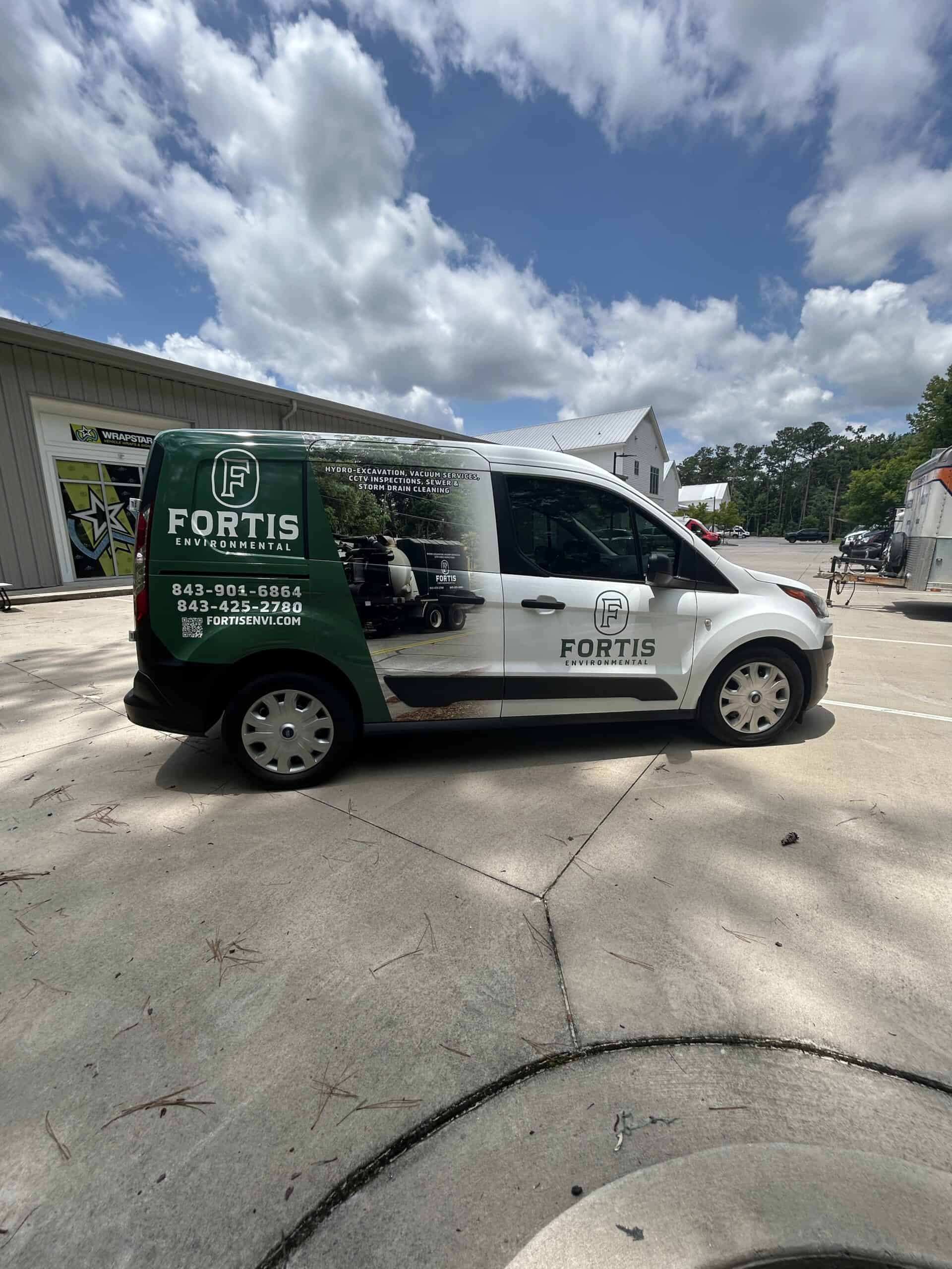 Custom vehicle wrap for Fortis Environmental on a commercial van in Charleston.