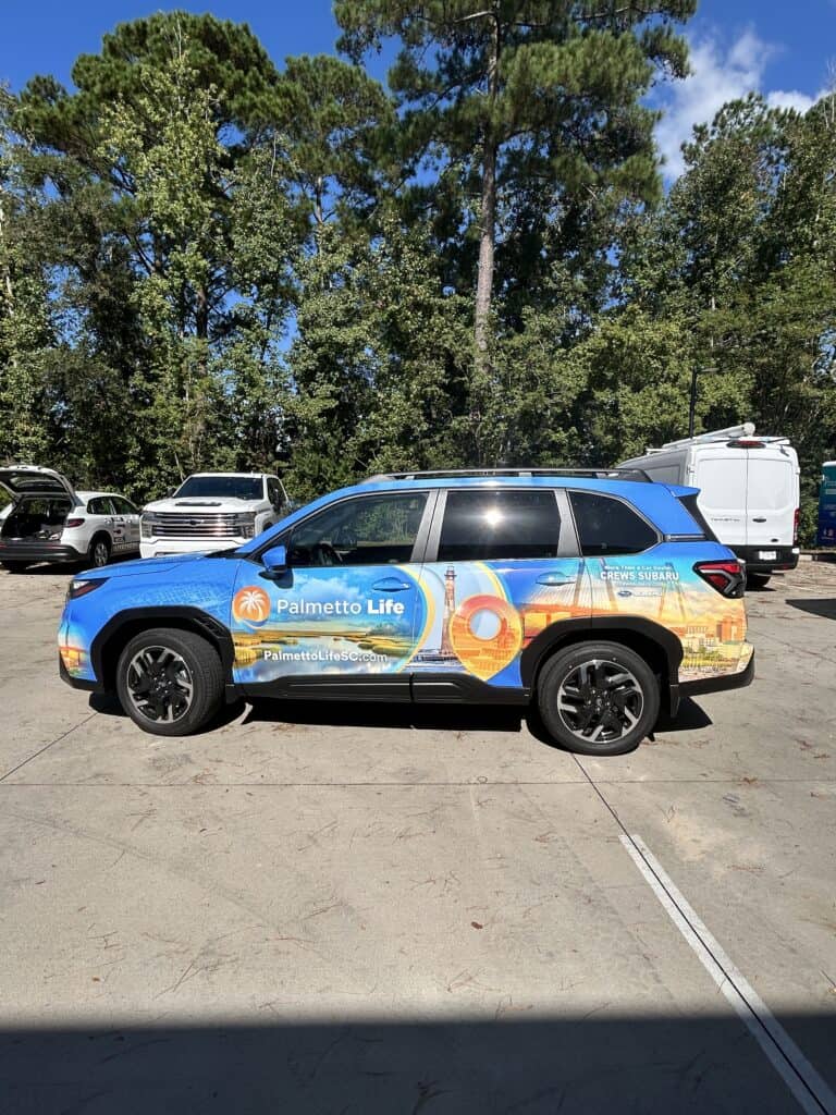 Vehicle wrap for Palmetto Life insurance company in Charleston.