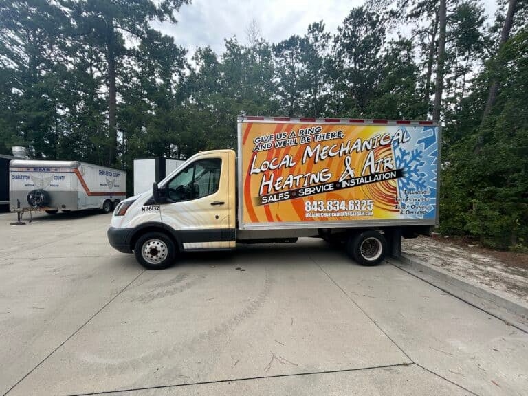 Custom vehicle wrap for local mechanical heating and air services in Charleston.