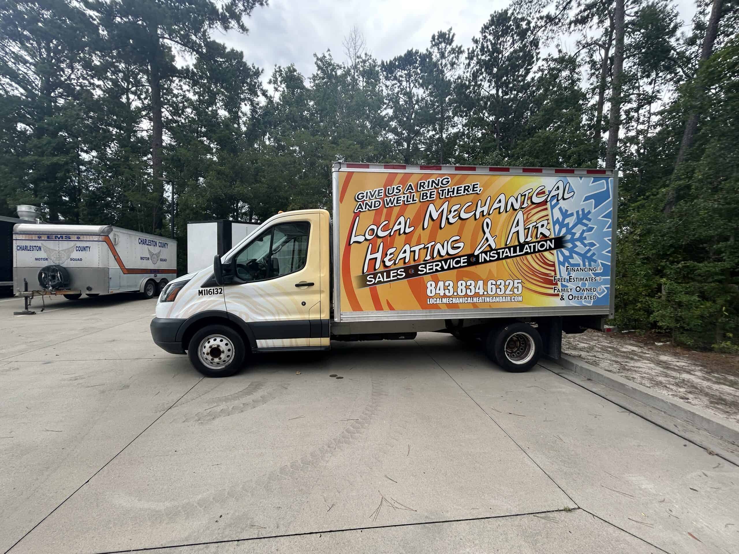 Custom vehicle wrap for local mechanical heating and air services in Charleston.
