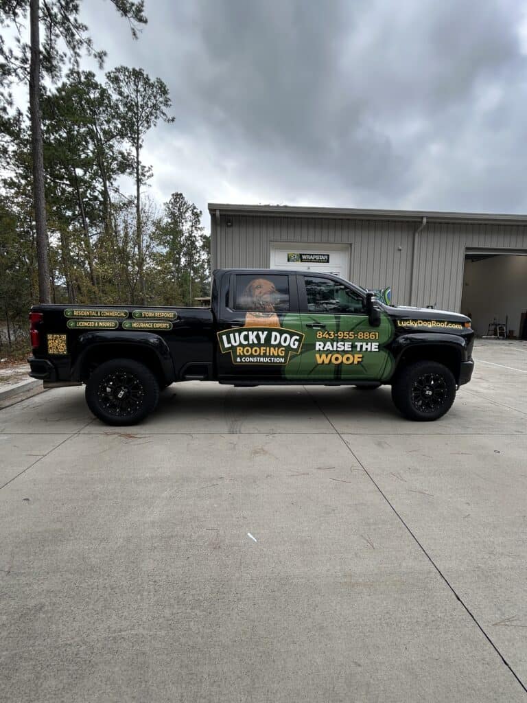 Lucky Dog Roofing truck wrap for branding and advertising.