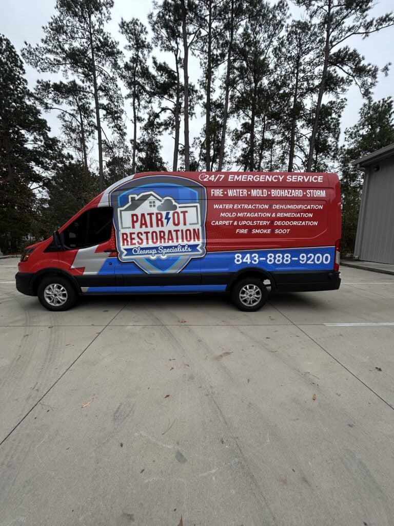 Custom vehicle wrap for Patriot Restoration, featuring emergency service details.
