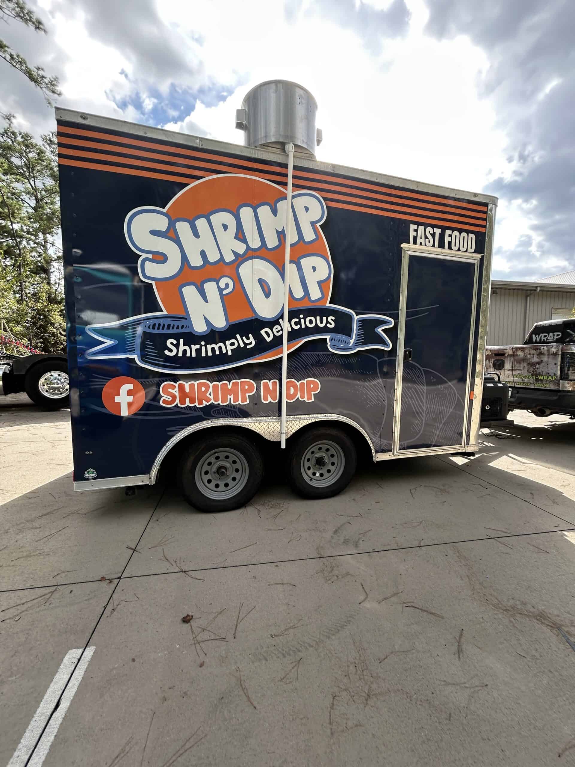 Custom vehicle wrap for Shrimp N Dip food truck in Charleston.