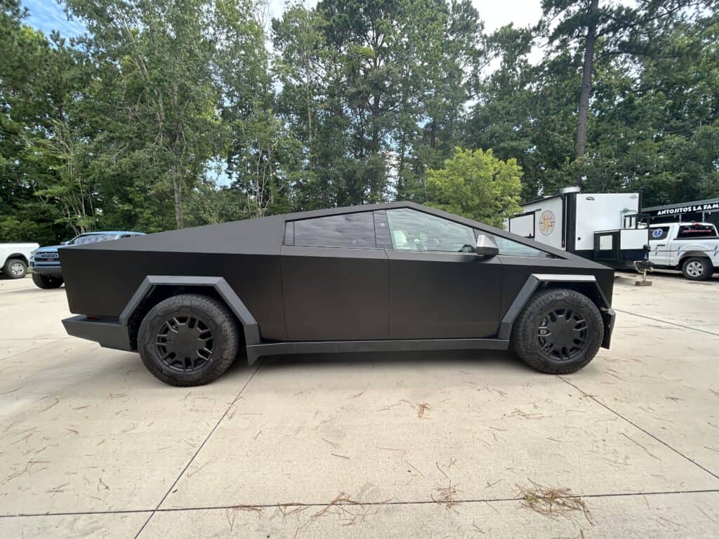 Tesla Cybertruck with matte black vehicle wrap in Charleston.