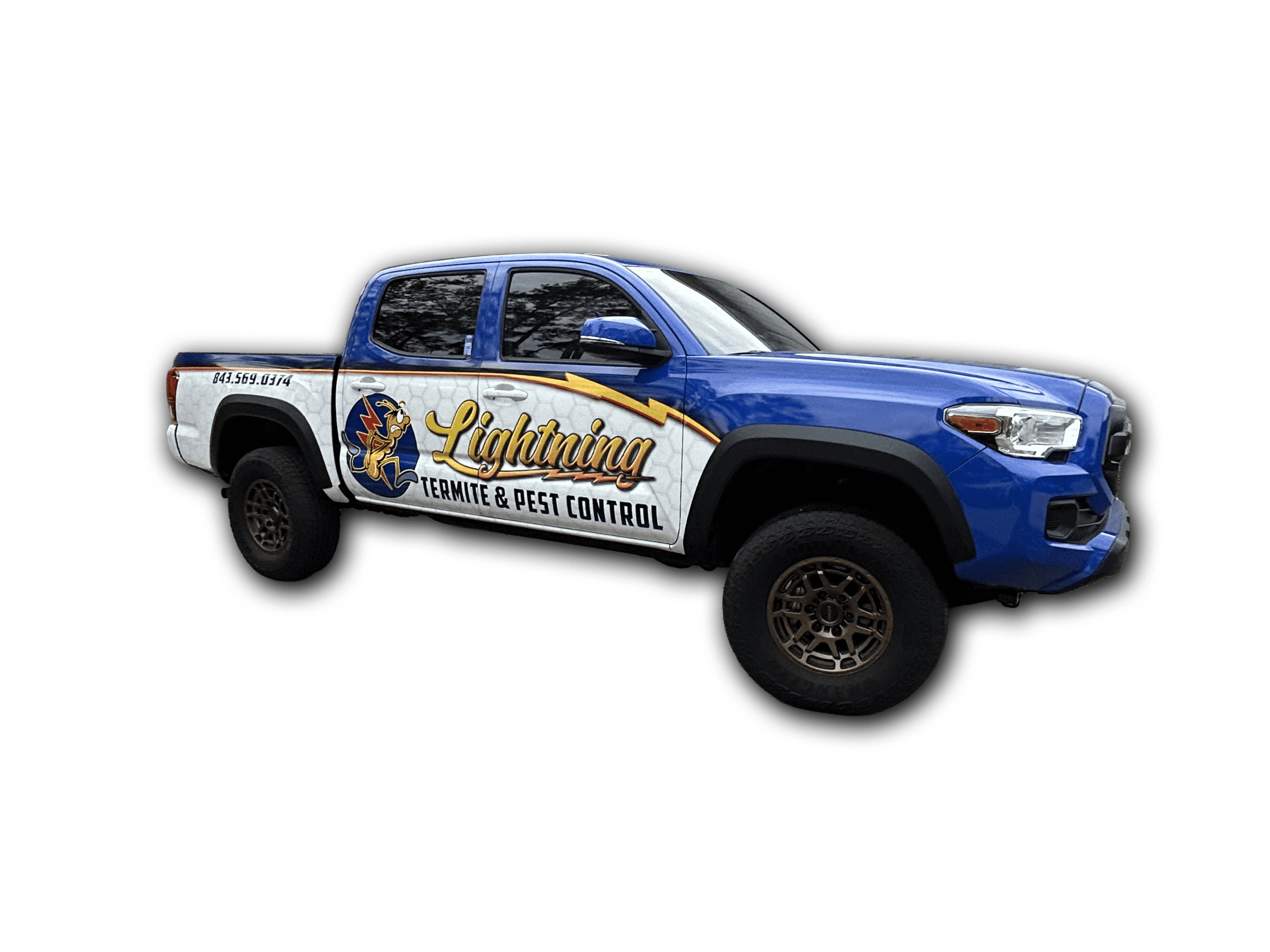 A blue and white pickup truck wrapped with Lightning Termite and Pest Control branding, shown against a plain background.