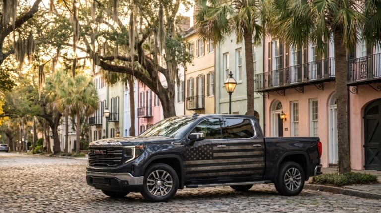 Pickup truck with an American flag vinyl wrap parked on a palmetto-lined Charleston street