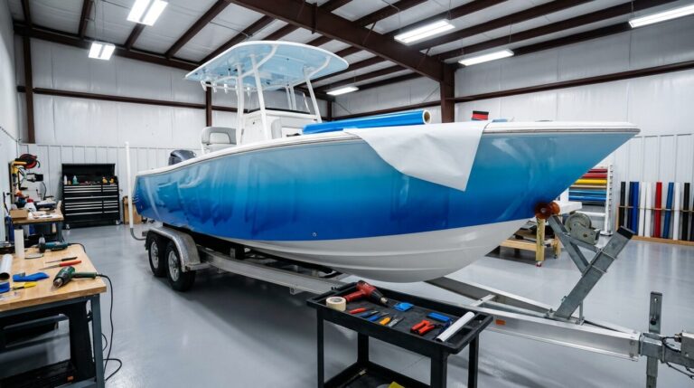 Center-console fishing boat part way through a vinyl wrap installation in a workshop