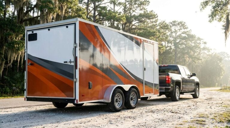 Enclosed cargo trailer with a full-colour vinyl wrap hitched to a pickup truck