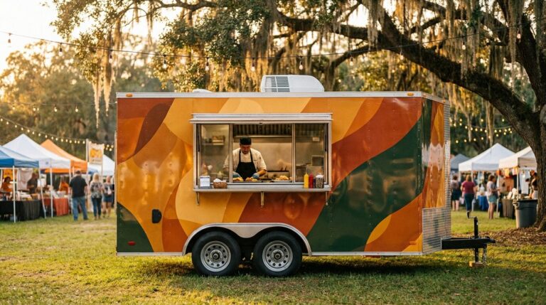 A food trailer wrapped in a warm orange and green abstract pattern serves customers under oak trees at a festival.