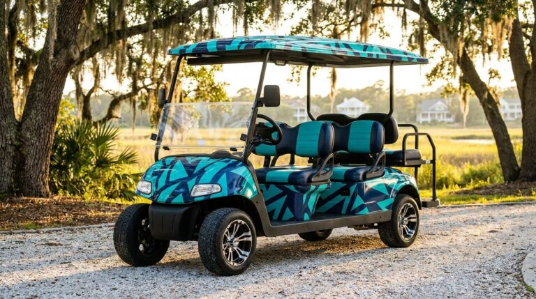 Custom-wrapped six-seater golf cart parked under live oaks in coastal South Carolina