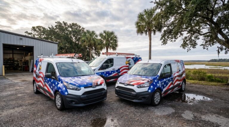 Three commercial service vans wrapped in red, white and blue branding outside a Lowcountry warehouse
