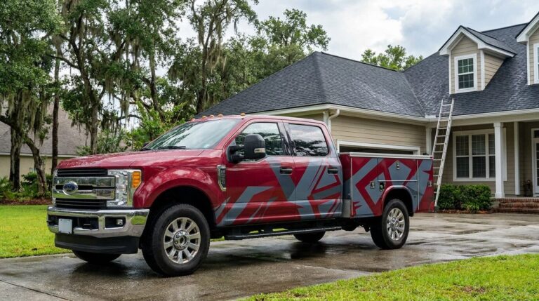 Wrapped contractor pickup truck parked outside a Charleston home with a new roof