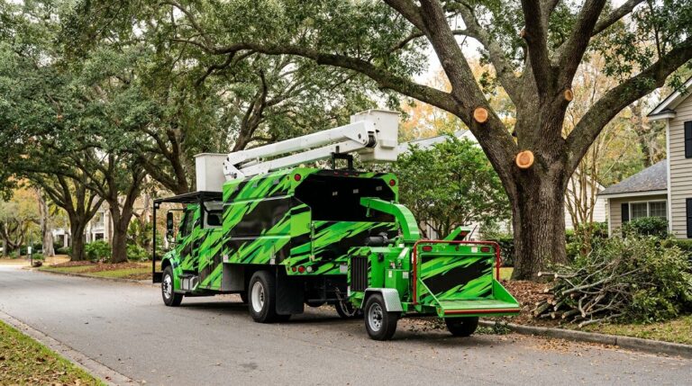 A green camouflage-patterned bucket truck and chipper are wrapped for a tree service on a shaded street.